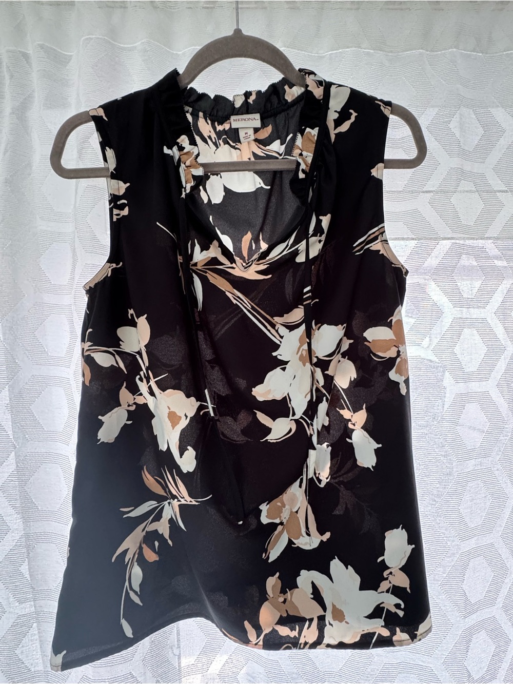 Merona Black Floral Sleeveless Tie-Neck Blouse